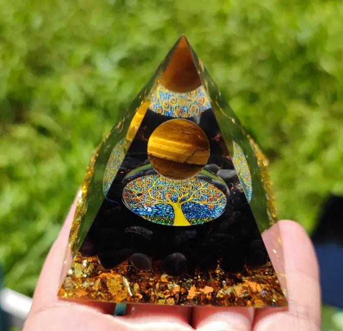 Tiger Eye Crystal Sphere & Obsidian Quartz Orgone Pyramid: Reiki Energy Healing Tool